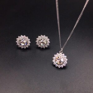 Wholesale crystal jewelry set with pink Swarovski crystal pendant and earrings on platinum plated brass from JuneJewelry.com.