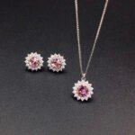 Wholesale crystal jewelry set with pink Swarovski crystal pendant and earrings on platinum plated brass from JuneJewelry.com.
