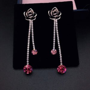 Wholesale rose crystal earrings with blue Swarovski Elements crystals on platinum plated brass by JuneJewelry.com – unique tassel earrings for bulk order.