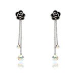 Wholesale rose crystal earrings with blue Swarovski Elements crystals on platinum plated brass by JuneJewelry.com – unique tassel earrings for bulk order.