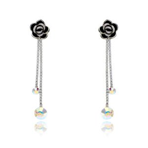 Wholesale rose crystal earrings with blue Swarovski Elements crystals on platinum plated brass by JuneJewelry.com – unique tassel earrings for bulk order.