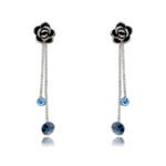 Wholesale rose crystal earrings with blue Swarovski Elements crystals on platinum plated brass by JuneJewelry.com – unique tassel earrings for bulk order.