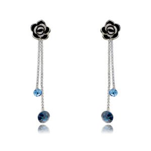 Wholesale rose crystal earrings with blue Swarovski Elements crystals on platinum plated brass by JuneJewelry.com – unique tassel earrings for bulk order.