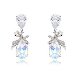 Wholesale crystal bow earrings with clear teardrop Swarovski element stones and platinum plated copper from JuneJewelry.com – bulk bridal ribbon jewelry.