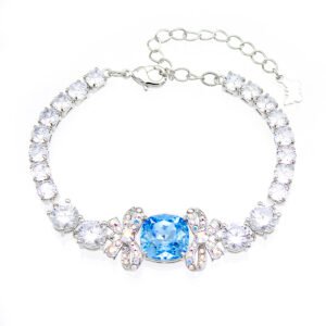 Wholesale blue crystal bracelet with square Swarovski Elements crystal and butterfly accents on platinum plated brass by JuneJewelry.com – luxury bulk jewelry.