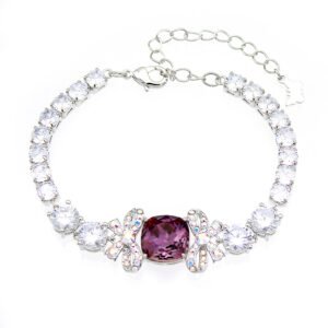 Wholesale blue crystal bracelet with square Swarovski Elements crystal and butterfly accents on platinum plated brass by JuneJewelry.com – luxury bulk jewelry.