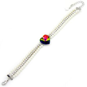 Wholesale pearl crystal bracelet with multi-strand pearls and yellow heart Swarovski Elements crystal on platinum plated brass from JuneJewelry.com – bulk jewelry.
