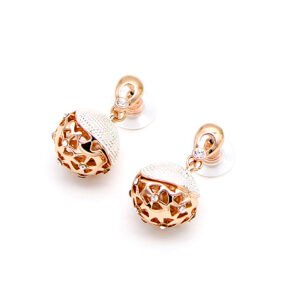 Wholesale hollow ball earrings with rose gold plated zinc alloy and crystal accents from JuneJewelry.com – unique filigree fashion jewelry for bulk orders.