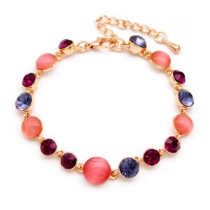 Wholesale crystal opal bracelet with purple crystals and pink cat eye stones on rose gold plated zinc alloy from JuneJewelry.com.