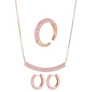 Niche light luxury geometric turquoise jewelry set wholesale displaying a micro-pave turquoise-blue curved bar smile necklace, matching huggie hoop earrings, and an open adjustable ring on junejewelry.com