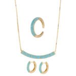 Niche light luxury geometric turquoise jewelry set wholesale displaying a micro-pave turquoise-blue curved bar smile necklace, matching huggie hoop earrings, and an open adjustable ring on junejewelry.com