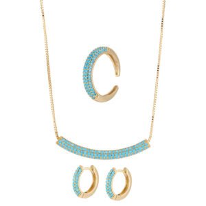 Niche light luxury geometric turquoise jewelry set wholesale displaying a micro-pave turquoise-blue curved bar smile necklace, matching huggie hoop earrings, and an open adjustable ring on junejewelry.com