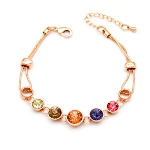Wholesale crystal charm bracelet with multicolored faux stones on rose gold plated zinc alloy from JuneJewelry.com – luxury fashion jewelry for bulk buyers.