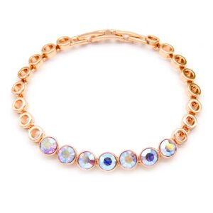 Wholesale aurora crystal bracelet with iridescent AB stones on rose gold plated zinc alloy from JuneJewelry.com – shimmering fashion jewelry.