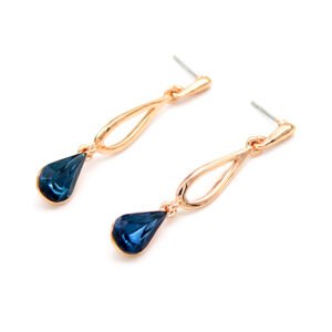 Wholesale crystal drop earrings with deep blue teardrop stones on rose gold plated zinc from JuneJewelry.com – unique fashion jewelry for bulk orders.