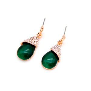 Wholesale cat eye earrings with green teardrop stones and crystal accents on rose gold plated zinc alloy from JuneJewelry.com.