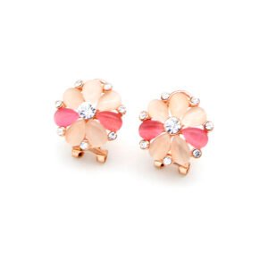 Wholesale cat eye earrings with fuchsia teardrop stones and rose gold plated zinc alloy from JuneJewelry.com – unique pink fashion jewelry for bulk orders.