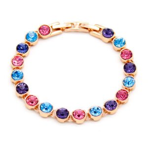 Wholesale colorful crystal bracelet with blue, pink, and purple stones on rose gold plated zinc alloy from JuneJewelry.com – vibrant fashion jewelry.
