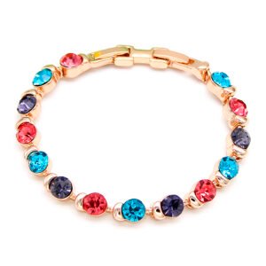 Wholesale multi color bracelet featuring red, blue, and purple faux crystals on rose gold plated zinc alloy from JuneJewelry.com.