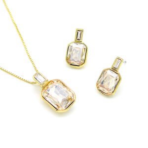 Wholesale luxury jewelry set with champagne emerald-cut crystals and real gold plating from JuneJewelry.com – elegant necklace and earring set.