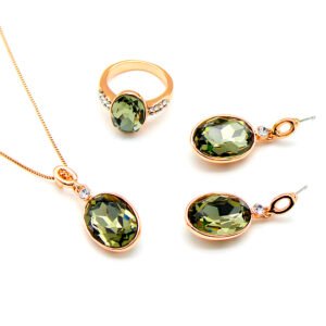 Wholesale crystal jewelry set including purple oval stone necklace, ring, and earrings on rose gold plated zinc alloy from JuneJewelry.com.