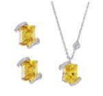 High-end square sugar cube jewelry wholesale set featuring radiant emerald-cut yellow and pink zircon crystals framed by micro-pave ribbons on junejewelry.com