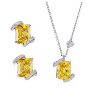 High-end square sugar cube jewelry wholesale set featuring radiant emerald-cut yellow and pink zircon crystals framed by micro-pave ribbons on junejewelry.com