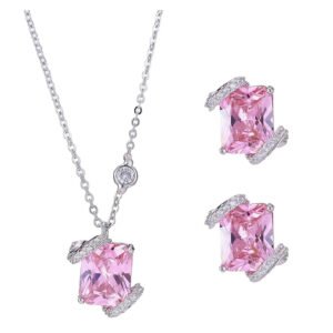 High-end square sugar cube jewelry wholesale set featuring radiant emerald-cut yellow and pink zircon crystals framed by micro-pave ribbons on junejewelry.com