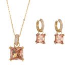 Elegant geometric square crystal jewelry wholesale set featuring micro-pave rhinestone huggie hoop earrings and matching pendant necklace from junejewelry.com