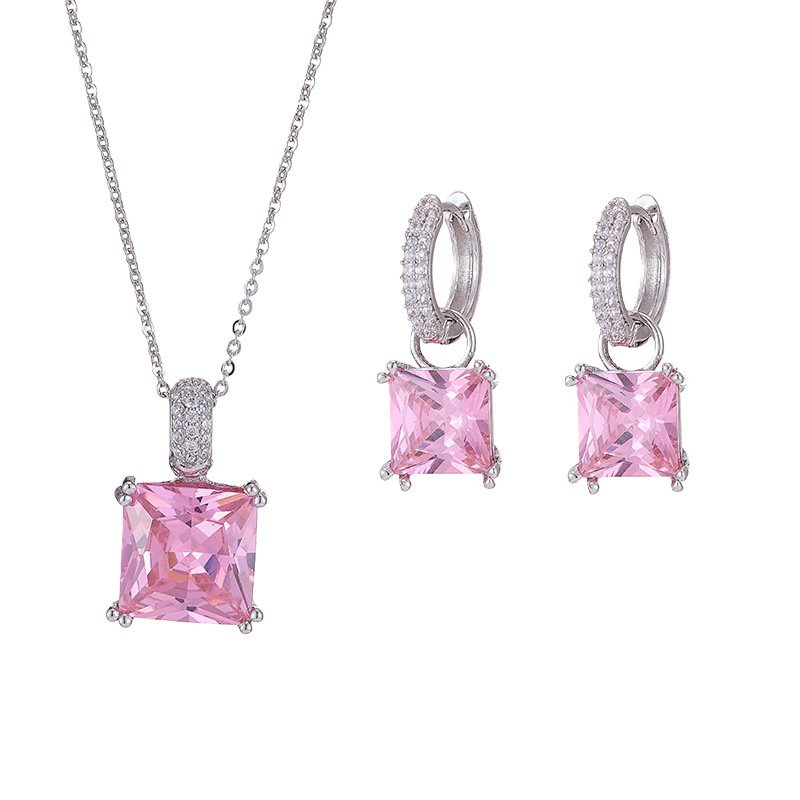 T-033 (7) Elegant geometric square crystal jewelry wholesale set featuring micro-pave rhinestone huggie hoop earrings and matching pendant necklace from junejewelry.com