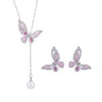 Niche light luxury butterfly zircon jewelry set wholesale featuring an intricate micro-pave crystal butterfly Y-shaped choker necklace with a drop pearl and matching butterfly stud earrings on junejewelry.com