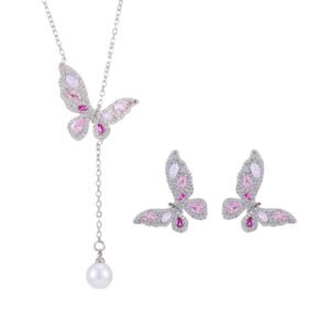 Niche light luxury butterfly zircon jewelry set wholesale featuring an intricate micro-pave crystal butterfly Y-shaped choker necklace with a drop pearl and matching butterfly stud earrings on junejewelry.com