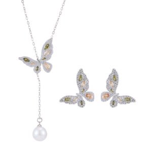 Niche light luxury butterfly zircon jewelry set wholesale featuring an intricate micro-pave crystal butterfly Y-shaped choker necklace with a drop pearl and matching butterfly stud earrings on junejewelry.com