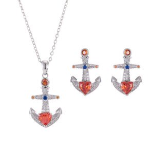 Niche Western style anchor cross jewelry set wholesale showing a brilliant micro-pave crystal ship anchor pendant necklace and matching stud earrings from junejewelry.com