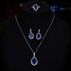 Premium luxury teardrop zircon jewelry set wholesale featuring a solitaire pear-cut pendant necklace, drop earrings, and halo ring on junejewelry.com