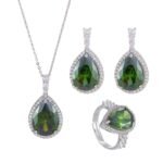 Premium luxury teardrop zircon jewelry set wholesale featuring a solitaire pear-cut pendant necklace, drop earrings, and halo ring on junejewelry.com