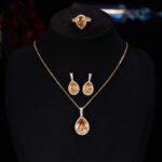 Premium luxury teardrop zircon jewelry set wholesale featuring a solitaire pear-cut pendant necklace, drop earrings, and halo ring on junejewelry.com