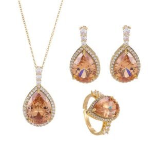 Premium luxury teardrop zircon jewelry set wholesale featuring a solitaire pear-cut pendant necklace, drop earrings, and halo ring on junejewelry.com