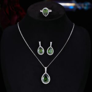 Premium luxury teardrop zircon jewelry set wholesale featuring a solitaire pear-cut pendant necklace, drop earrings, and halo ring on junejewelry.com