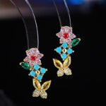 Luxurious French garden pearl jewelry set wholesale featuring colorful zircon floral elements and butterfly drop earrings on junejewelry.com