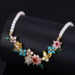 Luxurious French garden pearl jewelry set wholesale featuring colorful zircon floral elements and butterfly drop earrings on junejewelry.com