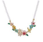 Luxurious French garden pearl jewelry set wholesale featuring colorful zircon floral elements and butterfly drop earrings on junejewelry.com