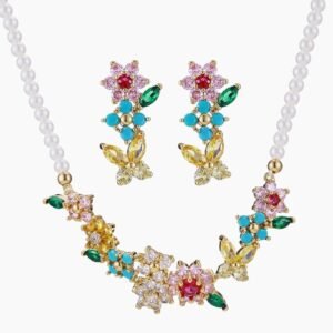 Luxurious French garden pearl jewelry set wholesale featuring colorful zircon floral elements and butterfly drop earrings on junejewelry.com