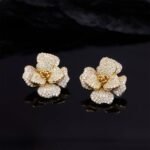Elegant vintage French style camellia zircon jewelry set wholesale featuring a multi-layered micro-pave crystal flower pendant on an asymmetric pearl chain and matching flower stud earrings on junejewelry.com