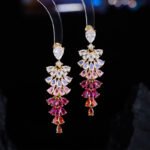 High-end long gradient zircon jewelry set wholesale showcasing a dramatic ombré fan tassel pendant necklace and matching long drop statement earrings from junejewelry.com