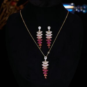 High-end long gradient zircon jewelry set wholesale showcasing a dramatic ombré fan tassel pendant necklace and matching long drop statement earrings from junejewelry.com