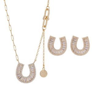 Sparkly horseshoe U shape jewelry set wholesale featuring micro zircon pendant necklace and stud earrings in 18K gold plating from junejewelry.com