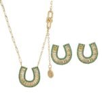 Sparkly horseshoe U shape jewelry set wholesale featuring micro zircon pendant necklace and stud earrings in 18K gold plating from junejewelry.com