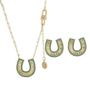 Sparkly horseshoe U shape jewelry set wholesale featuring micro zircon pendant necklace and stud earrings in 18K gold plating from junejewelry.com
