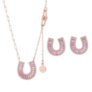 Sparkly horseshoe U shape jewelry set wholesale featuring micro zircon pendant necklace and stud earrings in 18K gold plating from junejewelry.com